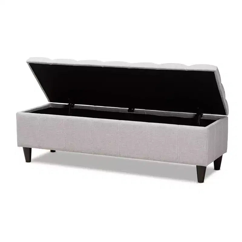Banc de rangement en bois fini Brette, ottoman gris-beige, milieu de siècle moderne, capitonné, cadre en bois d'hévéa, capacité de 113 kg