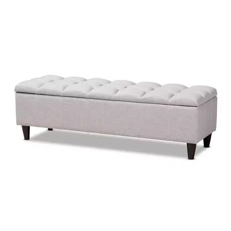 Banc de rangement en bois fini Brette, ottoman gris-beige, milieu de siècle moderne, capitonné, cadre en bois d'hévéa, capacité de 113 kg