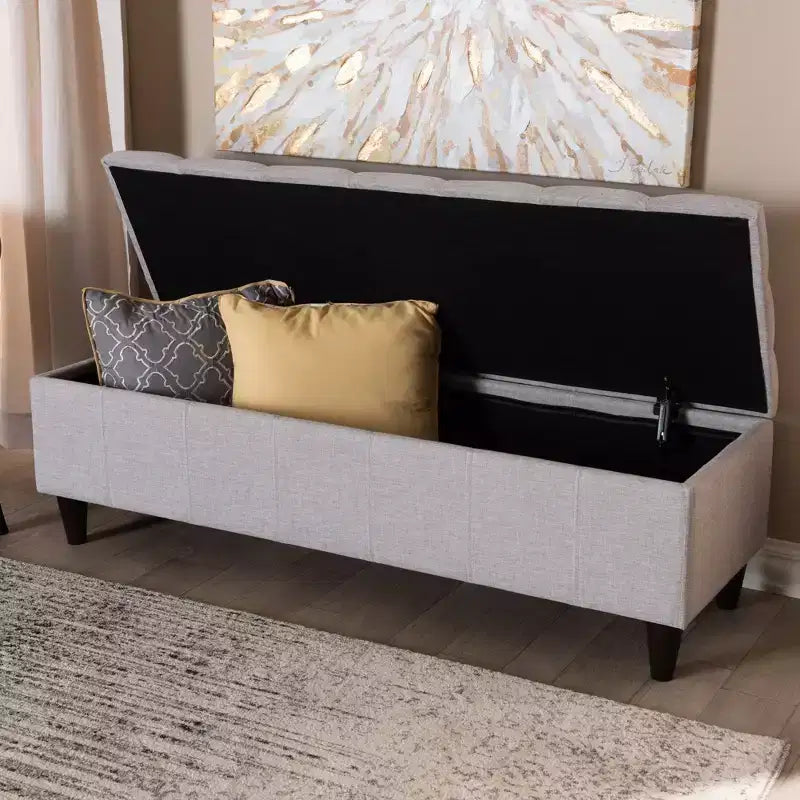 Banc de rangement en bois fini Brette, ottoman gris-beige, milieu de siècle moderne, capitonné, cadre en bois d'hévéa, capacité de 113 kg