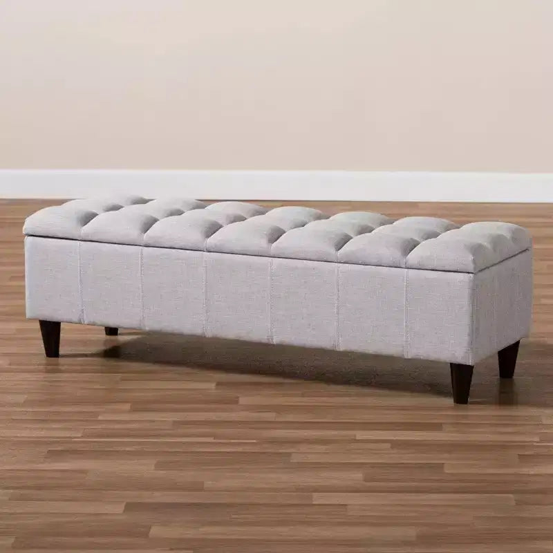 Banc de rangement en bois fini Brette, ottoman gris-beige, milieu de siècle moderne, capitonné, cadre en bois d'hévéa, capacité de 113 kg