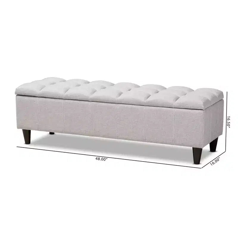 Banc de rangement en bois fini Brette, ottoman gris-beige, milieu de siècle moderne, capitonné, cadre en bois d'hévéa, capacité de 113 kg