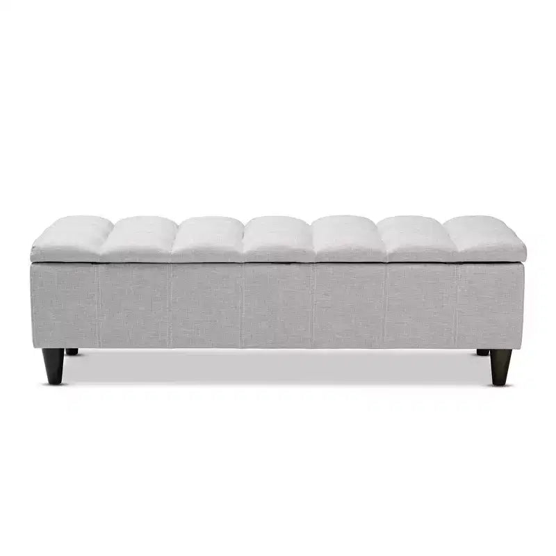 Banc de rangement en bois fini Brette, ottoman gris-beige, milieu de siècle moderne, capitonné, cadre en bois d'hévéa, capacité de 113 kg