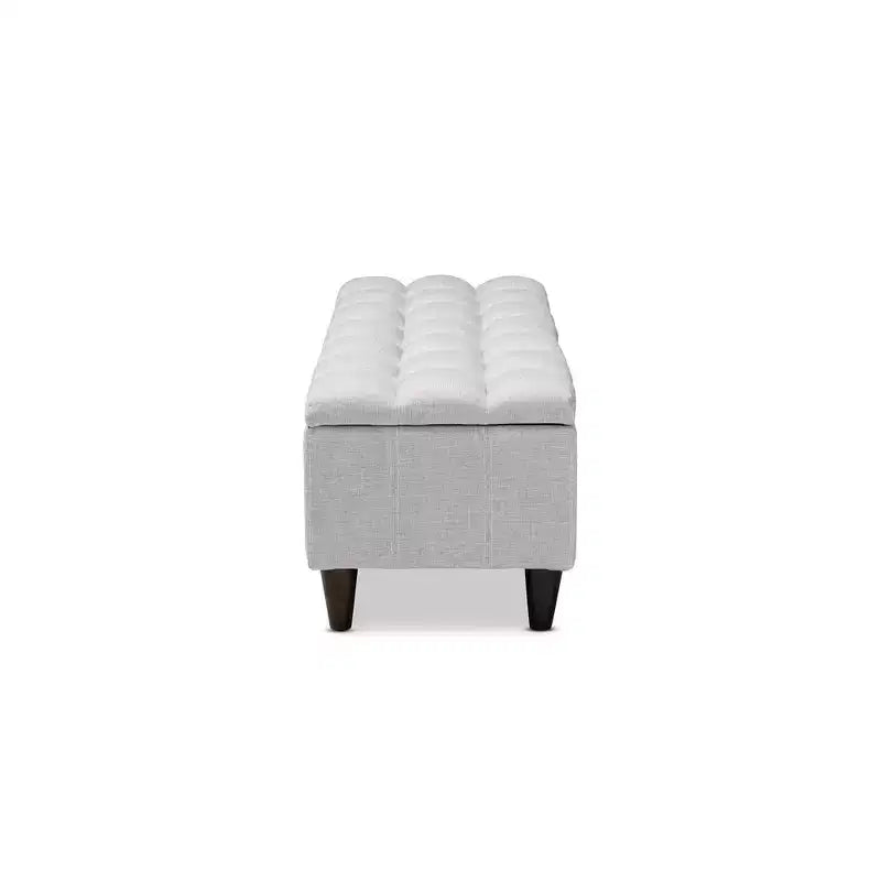 Banc de rangement en bois fini Brette, ottoman gris-beige, milieu de siècle moderne, capitonné, cadre en bois d'hévéa, capacité de 113 kg