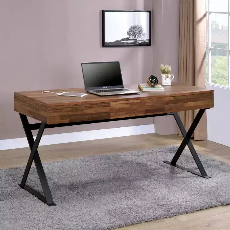 Bureau informatique Marganza beige/noir - HOMES: Inside + Out : style industriel, 150 cm de large, cadre en acier, 3 tiroirs, ports USB