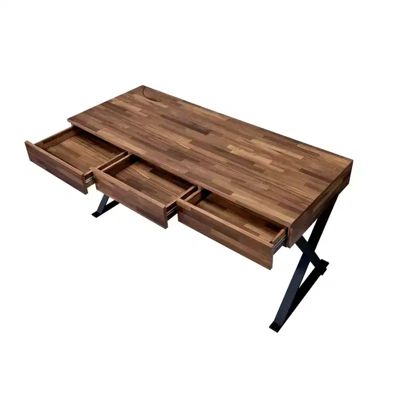 Bureau informatique Marganza beige/noir - HOMES: Inside + Out : style industriel, 150 cm de large, cadre en acier, 3 tiroirs, ports USB