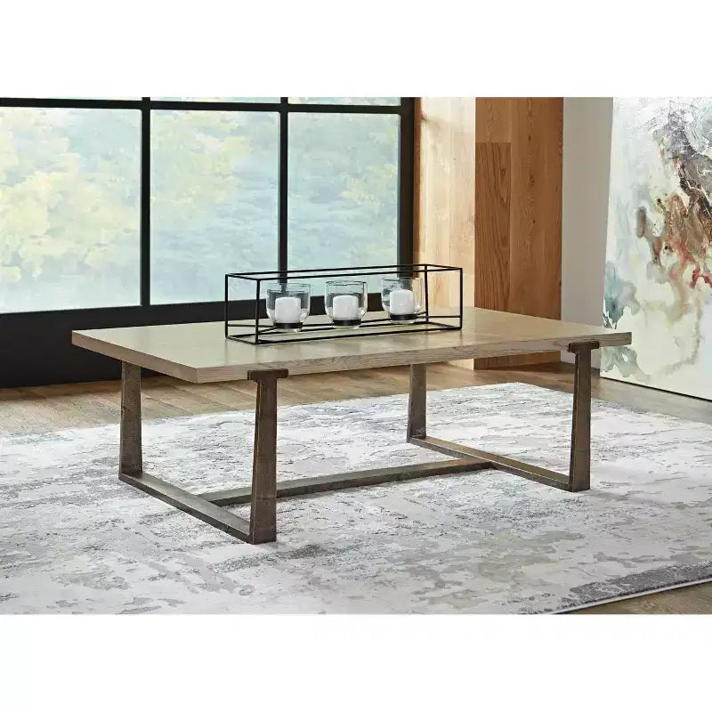 Table basse Dalenville Noir métallisé/Gris/Marron/Beige, piètement tréteau, finition antique