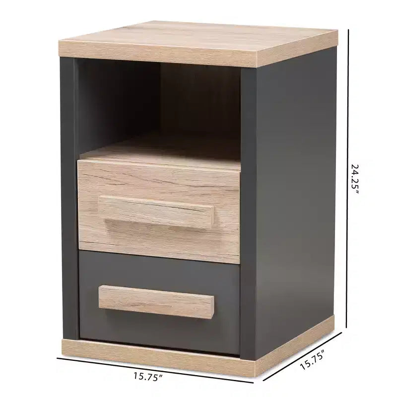 Table de chevet bicolore Pandora moderne et contemporaine à 2 tiroirs gris foncé, table de chevet avec rangement, bois MDF
