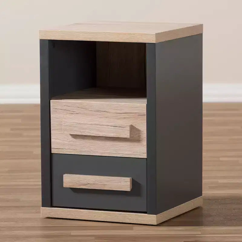 Table de chevet bicolore Pandora moderne et contemporaine à 2 tiroirs gris foncé, table de chevet avec rangement, bois MDF