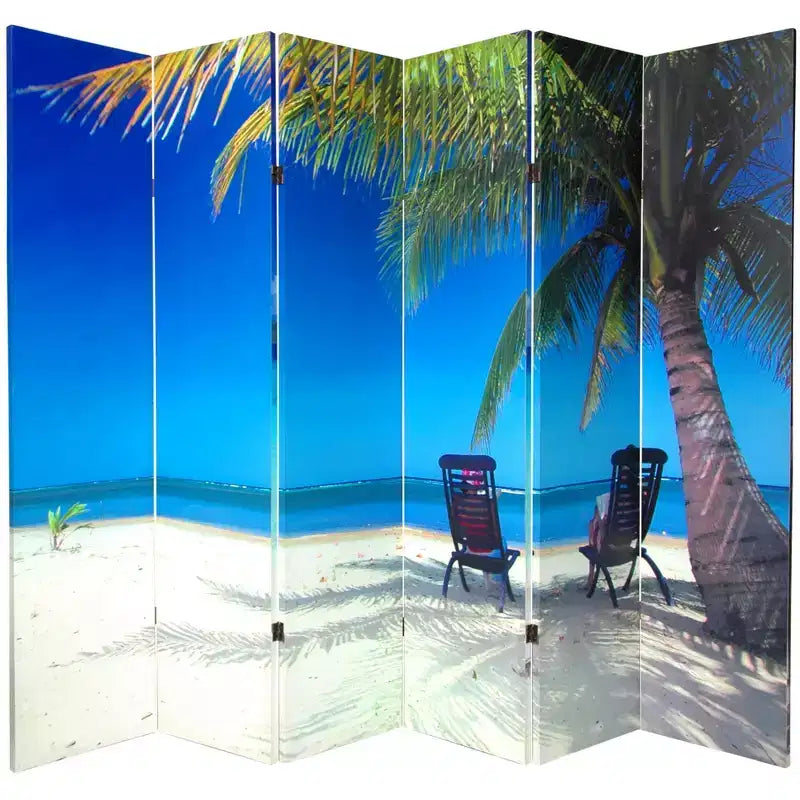 Paravent de plage double face de 1,80 m à 6 panneaux, tropical et robuste