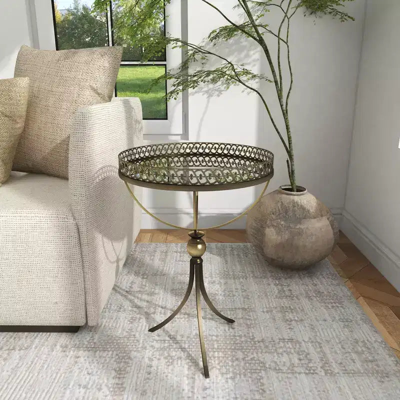 Table ronde à pied en métal et verre doré