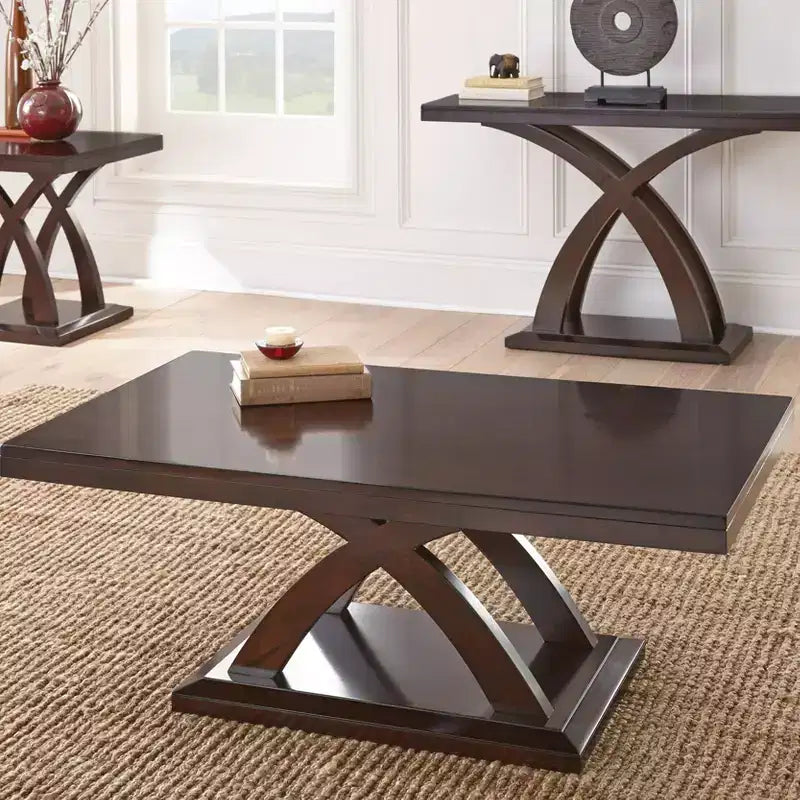 Table basse Jocelyn Espresso Cherry, finition brillante, plateau en stratifié de bois, piètement colonne, forme rectangulaire