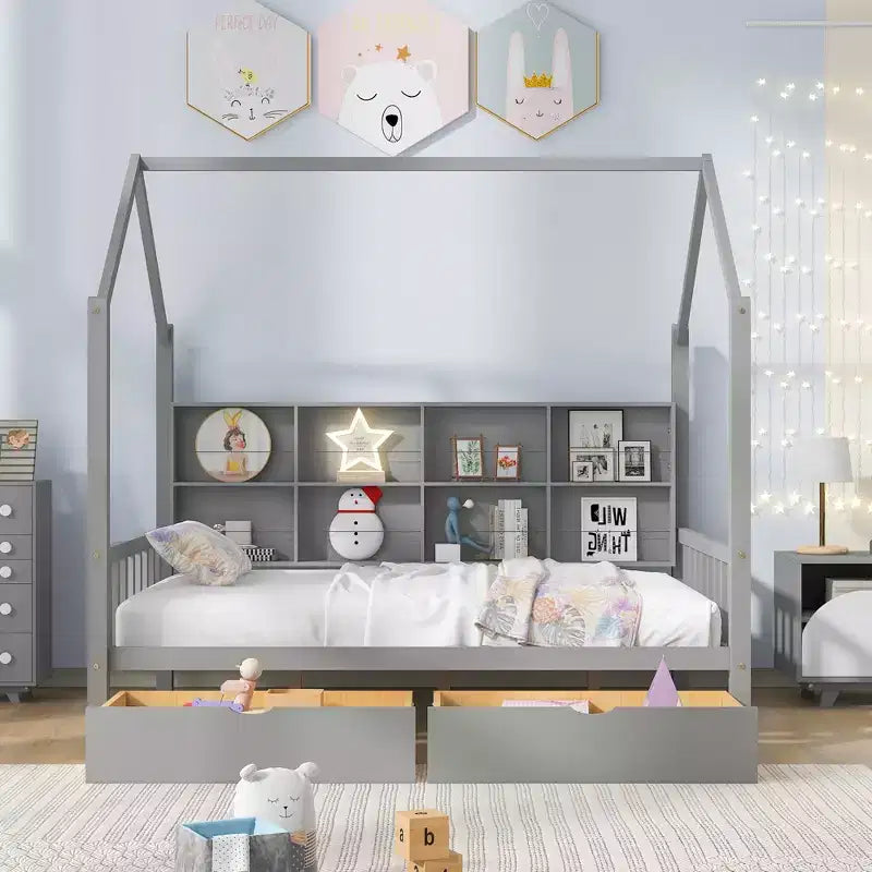 Lit mezzanine en bois avec lit gigogne et étagère