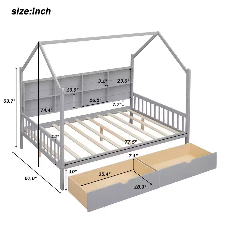 Lit mezzanine en bois avec lit gigogne et étagère